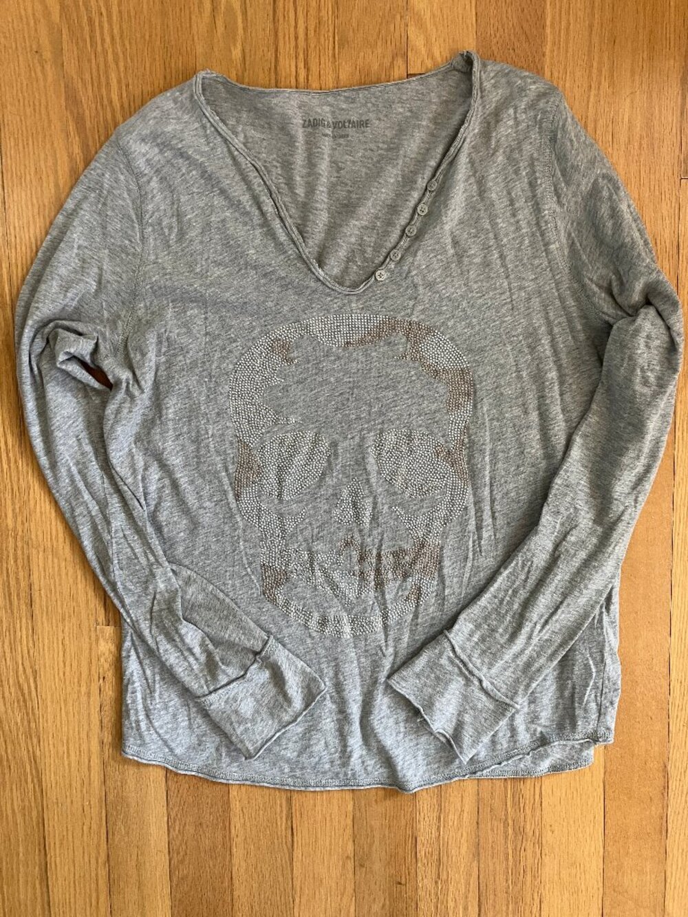 Zadig & Voltaire Gray Long Sleeve Tee with Rhinestone Skull
